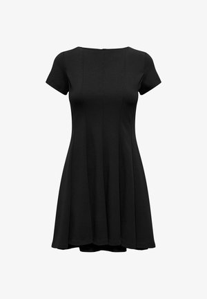 Rochie neagră cu mâneci scurte, lungime până la genunchi, cu corset ajustat și fustă evazată, având detalii subtile cu cusături verticale.