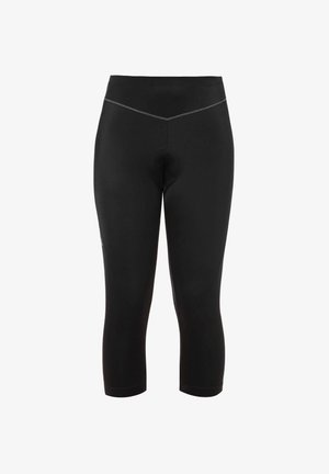 Sorte sykkel capri bukser med en elastisk, fukttransporterende stoff, med en tettsiddende design, midje med middels høyde, og minimale sømdetaljer.