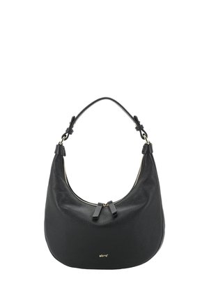 Black leather handbag with curved shape, top zipper closure, single handle, and small gold brand logo on front.