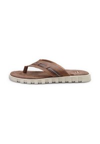 Ruda odos flip-flop sandalai su minkštu zomšiniu padu, guma išklota išorine dalimi ir kontrastingomis siūlėmis ant dirželių. Plokščias, kasdienis dizainas.