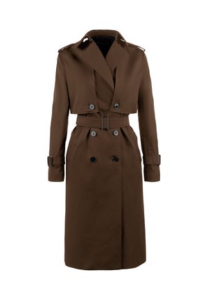Pruun trench coat, millel on topelt nupud ees, õlapaelad, vöö taljes ja mustad nupud. Omab kraega kaelust ja pikki varrukaid.
