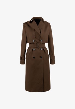 Ruskea trench-coat, jossa on kaksirivinen etuosa, olkahihnat, vyö vyötäröllä ja mustat napit. Varustettu läpällisellä kauluksella ja pitkillä hihoilla.