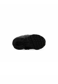 Black athletic shoe sole with textured rubber grip, featuring ridged patterns and a rounded toe design. Lightweight and flexible material.