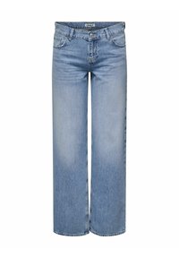 Jeans de tiro alto en denim de color azul claro con perneras amplias, que cuentan con cinco bolsillos, un ligero desgastado y un cierre clásico de botones y cremallera.