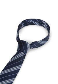 Cravate bleu marine à rayures blanches diagonales, en soie lisse, longueur standard, avec un nœud classique noué créant un effet de boucle.