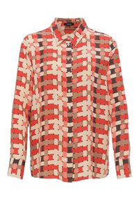 Blusa rossa e beige con motivo, colletto, maniche lunghe e chiusura a bottoni. Presenta un design a intreccio geometrico e una superficie liscia.