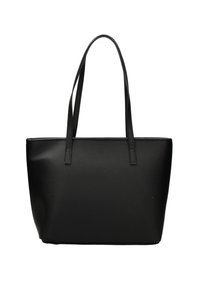 Borsa tote nera con una forma rettangolare strutturata, realizzata in pelle sintetica testurizzata, dotata di due lunghe tracolle.
