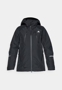 Fekete vízálló dzseki kapucnival, két cipzáras mellzsebbel, állítható mandzsettákkal és diszkrét logóval a bal mellrészen. GORE-TEX anyag.