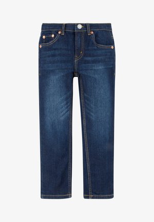 Jeans in denim blu scuro con taglio dritto, dotati di cinque tasche, rivetti in rame e cuciture contrastanti gialle.