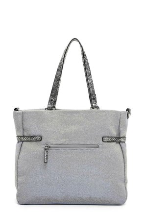 Sac fourre-tout en tissu gris avec des bretelles d'épaule noires texturées et une poche avant zippée.