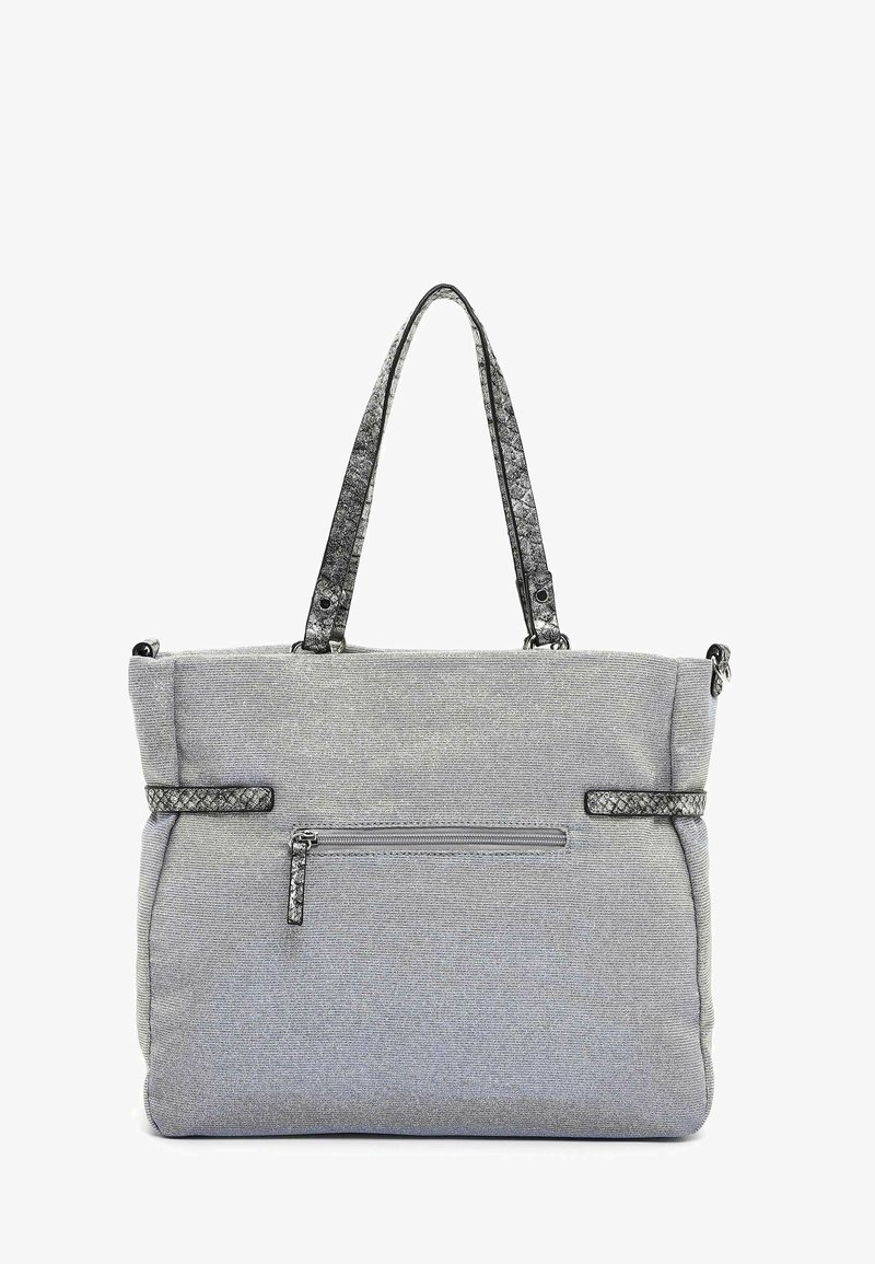 Sac fourre-tout en tissu gris avec des bretelles d'épaule noires texturées et une poche avant zippée.