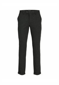 Tummanharmaat räätälöidyt housut, joissa on teksturoitu pinta, nappisuljenta, vyölenkit ja käärityt lahkeet.