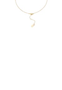 Fijne gouden ketting met een springring en een korte verlengketting, met een klein rechthoekig label nabij het slot.