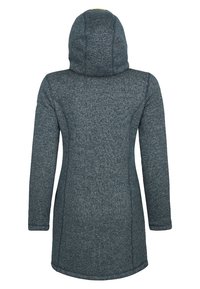 Dlouhý tmavě šedý kabát s kapucí a přiléhavým pasem, zobrazený zezadu na bílém pozadí.