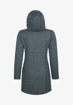 Manteau à capuche long gris foncé avec taille ajustée et manches longues, montré de dos sur un fond blanc.