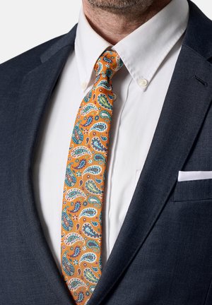 Mand iført en marineblå jakkesæt, hvid skjorte med knapper og slips i sennepsgul med blå og grøn paisley-mønster.