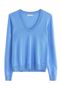 Maglione celeste a scollo a v realizzato in tessuto a maglia liscia. Caratterizzato da maniche lunghe, polsini a costine e una piccola etichetta del marchio sull'orlo.