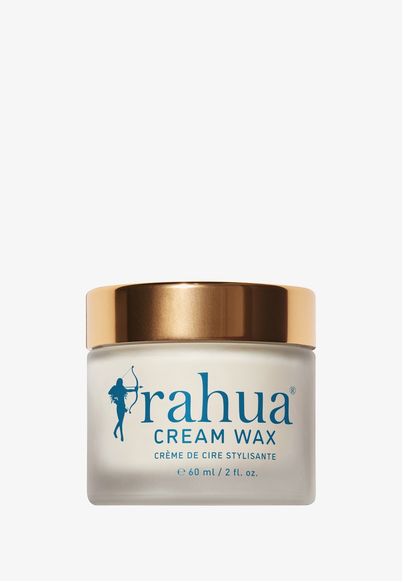Pot givré de Rahua Cream Wax avec un couvercle métallique doré, texte bleu et silhouette d'archer, contenant 60 ml ou 2 fl. oz.