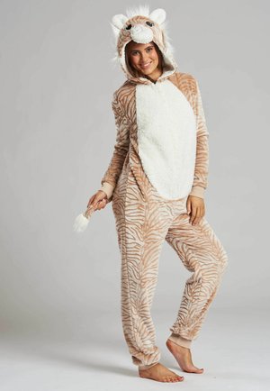 Tutina a tema animale in beige e bianco, con motivo a strisce tigre, realizzata in morbido materiale in fleece, cappuccio con orecchie e un accento di coda soffice.