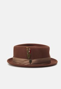 Brun filt hatt med bred skärm, prydd med en dekorativ fjäderaccent och ett satängband runt basen.
