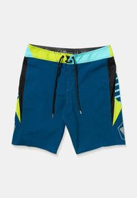 Bañadores de hombre con una base azul, acentos en negro y amarillo neón, patrones abstractos, cinturilla ajustable con cordón y bolsillos laterales.
