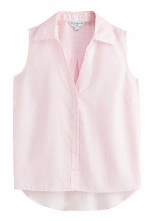 Sleeveless light pink button-up blouse with collar, subtle vertical stripes, and curved hem, displayed on white background.