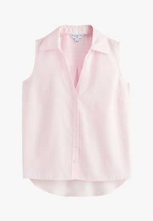 Sleeveless light pink button-up blouse with collar, subtle vertical stripes, and curved hem, displayed on white background.