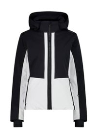 Giacca da donna in bianco e nero, con zip frontale, cappuccio e design a blocchi di colore realizzati in tessuto liscio e impermeabile.