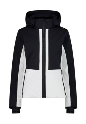 Damenjacke in Schwarz-Weiß mit durchgehendem Reißverschluss, Kapuze und einem Color-Block-Design aus glattem, wasserabweisendem Stoff.