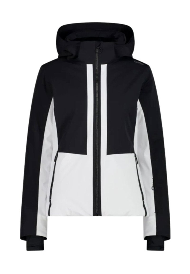 Giacca da donna in bianco e nero, con zip frontale, cappuccio e design a blocchi di colore realizzati in tessuto liscio e impermeabile.