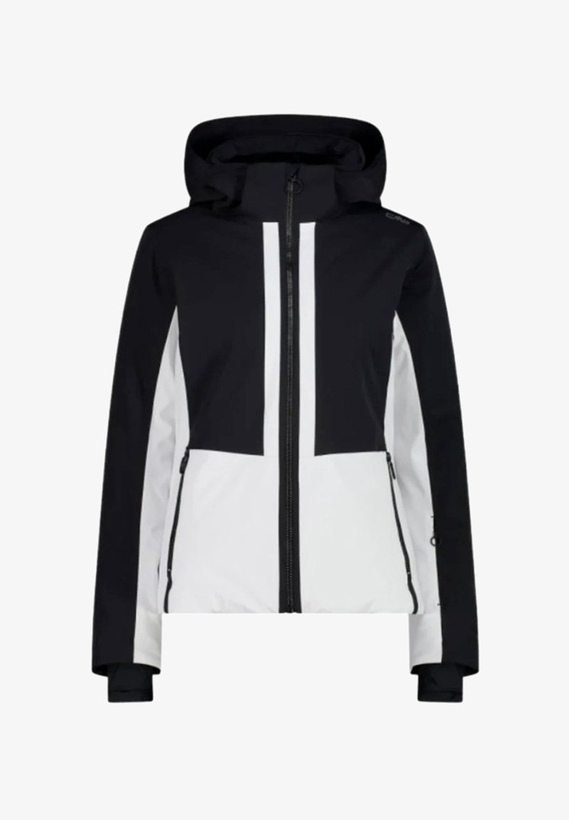 Giacca da donna in bianco e nero, con zip frontale, cappuccio e design a blocchi di colore realizzati in tessuto liscio e impermeabile.