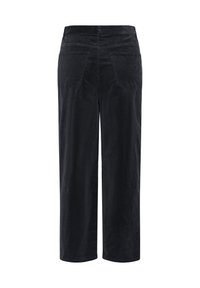 Pantalon noir à jambes larges avec une taille haute et deux poches arrière, vu de dos sur fond blanc.