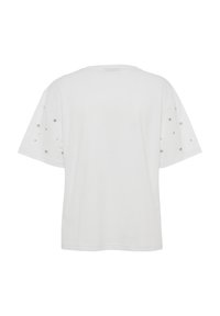 White cotton t-shirt with short sleeves, featuring silver studs on the shoulders. Classic crew neck and relaxed fit. Plain back view.