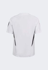 T-shirt de sport à manches courtes, blanc, avec des panneaux latéraux noirs, col ras du cou et texture de tissu lisse. Design minimaliste sans logos visibles.