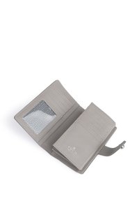 Light grey wallet made of smooth faux leather, featuring multiple card slots and a clear ID window with a wavy pattern. Zipper closure detail.