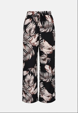 Pantalones negros sueltos con piernas anchas y patrones de hojas tropicales en blanco y marrón, con una cintura elástica y cordón frontal ajustable.