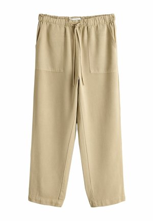 Beige Freizeithose mit elastischem Bund, verstellbarem Kordelzug, zwei aufgesetzten Fronttaschen und geradem Bein.
