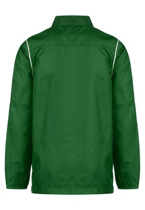 Grüne, leichte Jacke aus glattem, wasserabweisendem Material. Besitzt einen Kragen und weiße Paspelierungen an den Schultern.