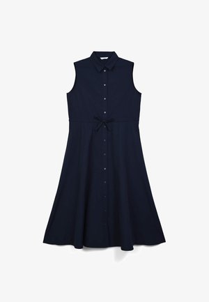 Abito smanicato blu navy con bottoni frontali, colletto, cintura in vita e gonna svasata. Tessuto liscio senza motivi visibili.