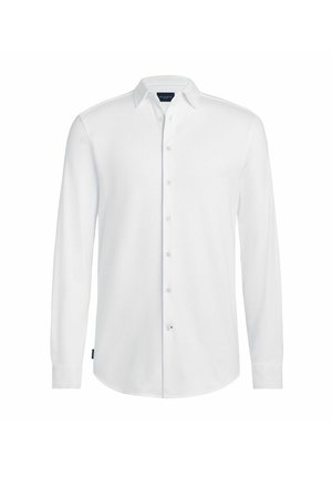 Weißes langärmliges Hemd aus Baumwolle mit einem Button-down-Kragen und einer einzelnen Brusttasche. Hat eine feine Struktur und Metallknöpfe.