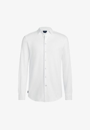 White long-sleeve shirt made of cotton with a button-down collar and a single chest pocket. Features a subtle texture and metal buttons.