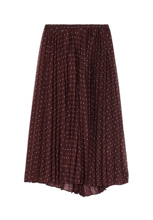 Gonna plissettata bordeaux con una vita rilassata, caratterizzata da un motivo di piccoli pois azzurri su tutta la stoffa.