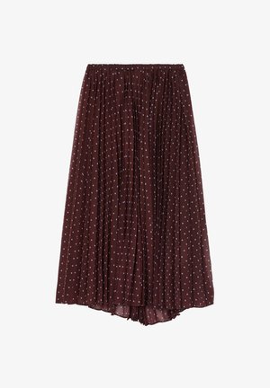 Burgundska plisirana suknja s opuštenim pojasom, s uzorkom malih svijetloplavih točkica po cijelom materijalu.
