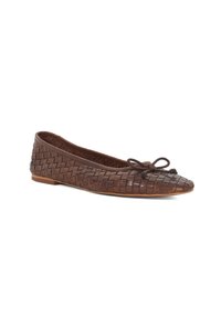 Brown woven leather ballet flats with a rounded toe, decorative bow, and a low, flexible sole. Textured pattern throughout the upper.