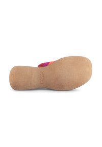 Sole della sandalo Gabor, con una parte inferiore in gomma testurizzata color beige e logo impresso. Parte superiore realizzata in tessuto multicolore nei toni di arancione, rosa e viola.