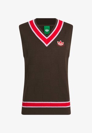 Brown sleeveless sweater with a v-neck, featuring a textured pattern. Red and pink striped accents around the neckline. Embroidered logo on chest.