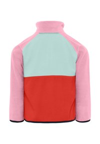 Lasten fleece-takki, jossa on vaaleanpunaiset hihat ja kaulus, vaaleansininen yläselkäosa ja punainen alaosa, kuvattuna takaa.