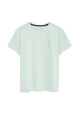 Jasnozielona koszulka z krótkim rękawem i okrągłym dekoltem, z małym haftowanym logo gracza polo na lewej piersi oraz metką "Polo Club" wewnątrz kołnierza.