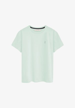 Lysegrøn T-shirt med korte ærmer og rund hals, med en lille broderet polo-spiller logo på venstre bryst og et "Polo Club" mærke inde i kraven.