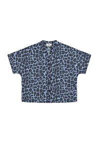 Korte mouwen blouse van lichtblauwe stof met een donker luipaardprint, knoopsluiting en een ontspannen pasvorm met een mandarijnkraag.